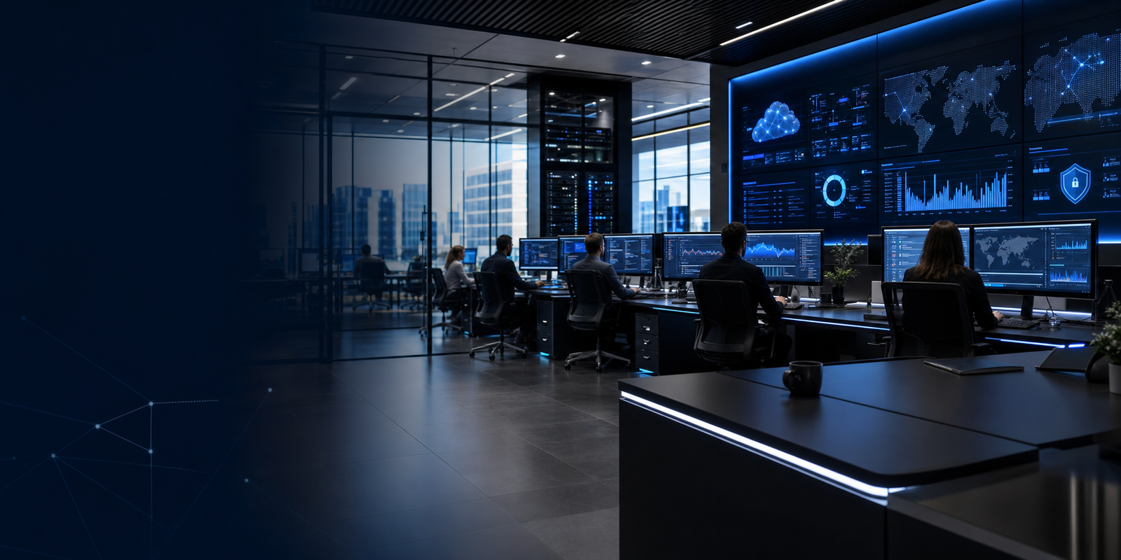 Premium IT command center with cloud, cybersecurity, and network operations dashboards